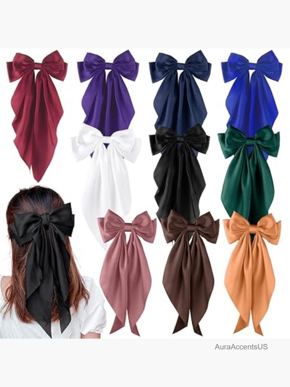 10 Pack Large Satin Ribbon Hair Bows Oversized French Style Bow Clips Barrettes